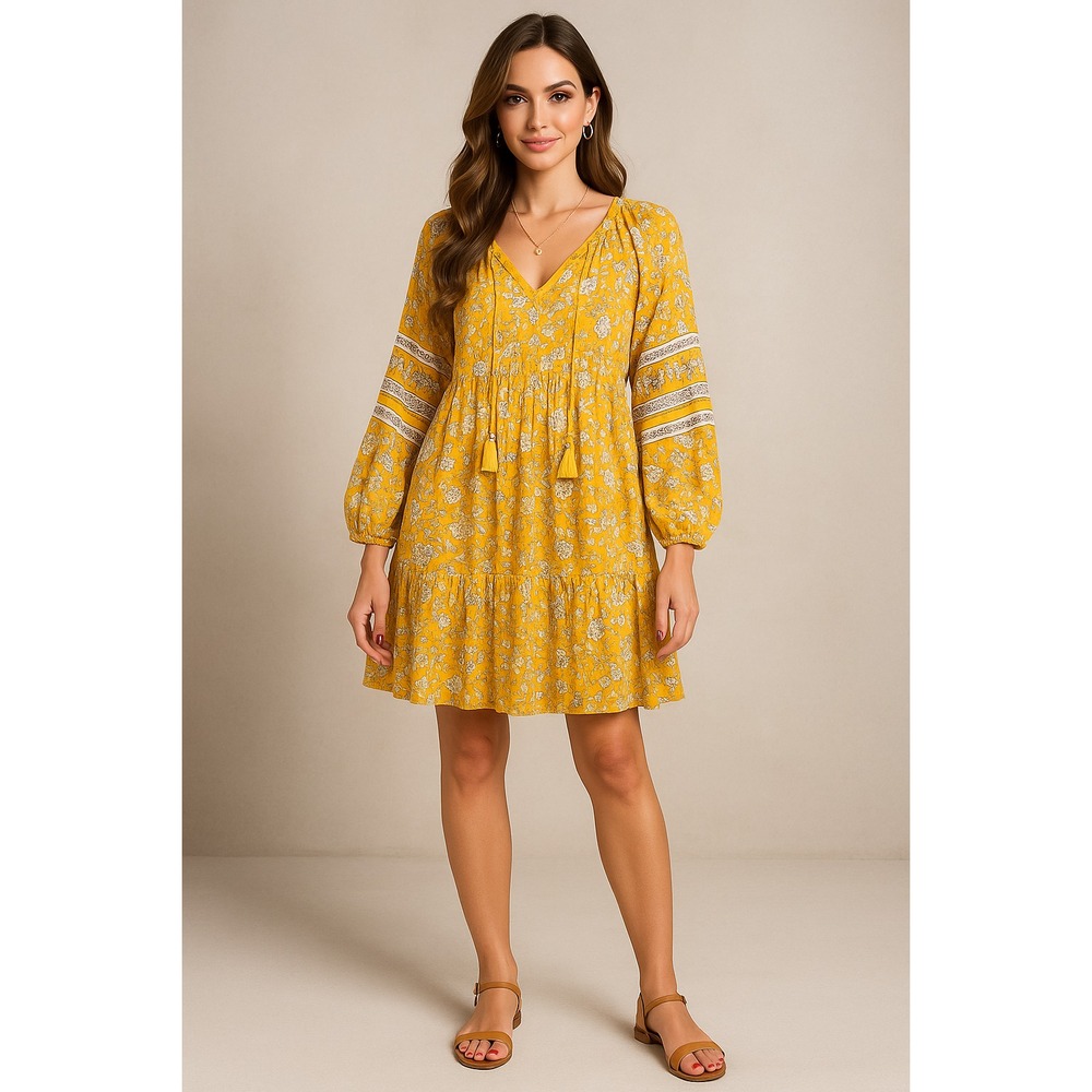 Old Navy Dress Women XL Butter Yellow‎ Floral Boho Cottagecore Tiered Tunic